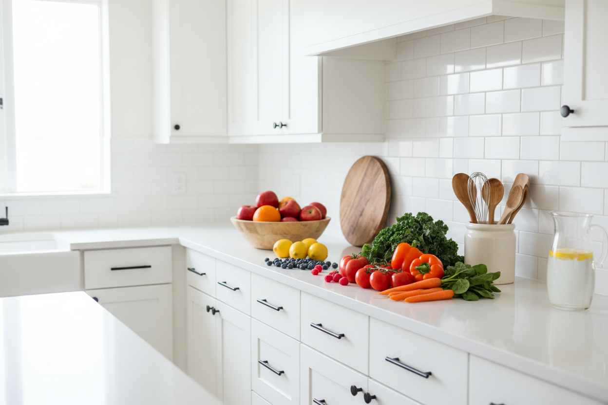 White Kitchen Banner with Fresh Fruits and Vegetables